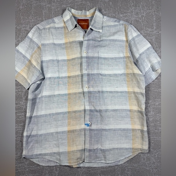 Tommy Bahama Mens 100% Linen Striped Button Down Mens Short sleeve Shirt Large - Picture 1 of 8